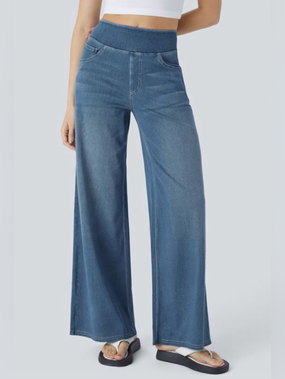 Halara Flex HighWaisted Pockets Baggy Wide Leg Washed Casual Jeans Mayan blue L